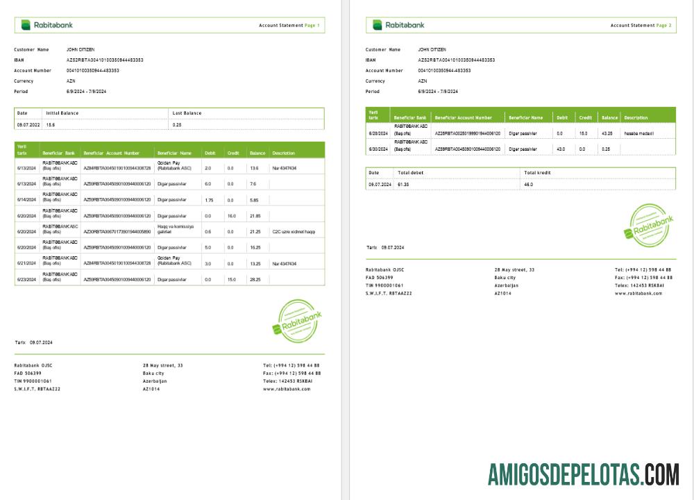 em branco Azerbaijão Rabitabank Extrato bancário Word e PDF modelo 2 páginas
